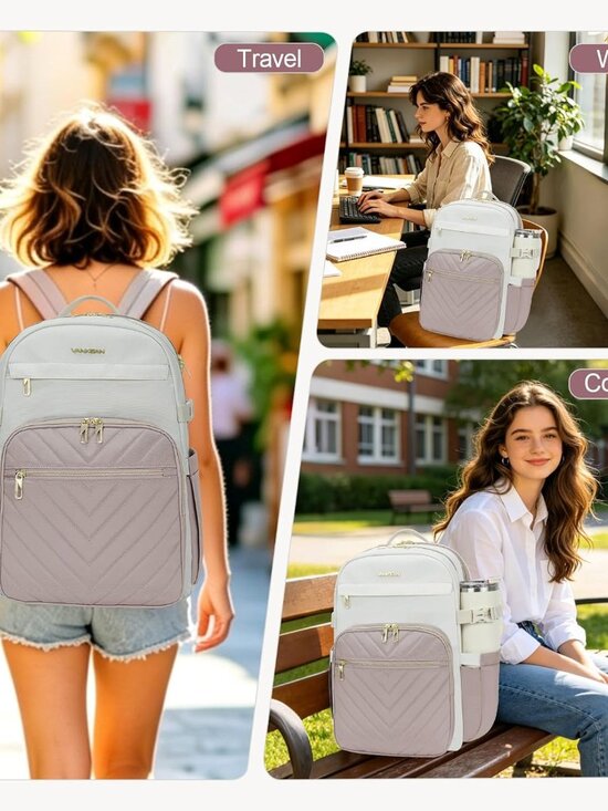 Vankean Women\'s Laptop Backpack - Stylish & Water-Resistant with Multiple Compar